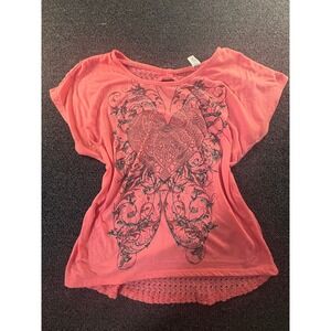y2k Coral Pink Heart Butterfly Graphic Lace Back Dolman Tee Shirt Top womens XL